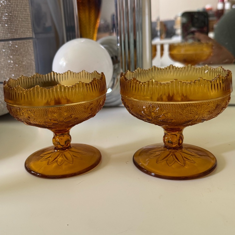 Vintage Tiara Indiana Glass Amber Sandwich Taper Candle Holders, Matching Set